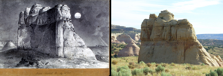 Left, sketch by Joseph Heger of Agate Butte, Rattlesnake Canyon, Colorado, Loring expedition, 1858 (courtesy The Beinecke Rare Book & Manuscript Library). The Butte (actually of sandstone) today. Photo courtesy David Miller History meets today