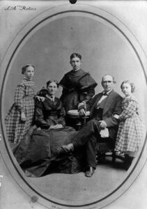 Undated portrait of Benjamin Davis Wilson and his family. Source: LAPL
Wilson served as Mayor of Los Angeles from 1851-1852. Wilson also organized the first Los Angeles police force. President Millard Fillmore appointed him Indian agent and as a result of his experience wrote a history of the Indians of the area. In 1855 and 1869, he was elected to the California Senate. Mount Wilson was named for him. One of his daughters, Ruth, was the mother of Gen. George Patton. California